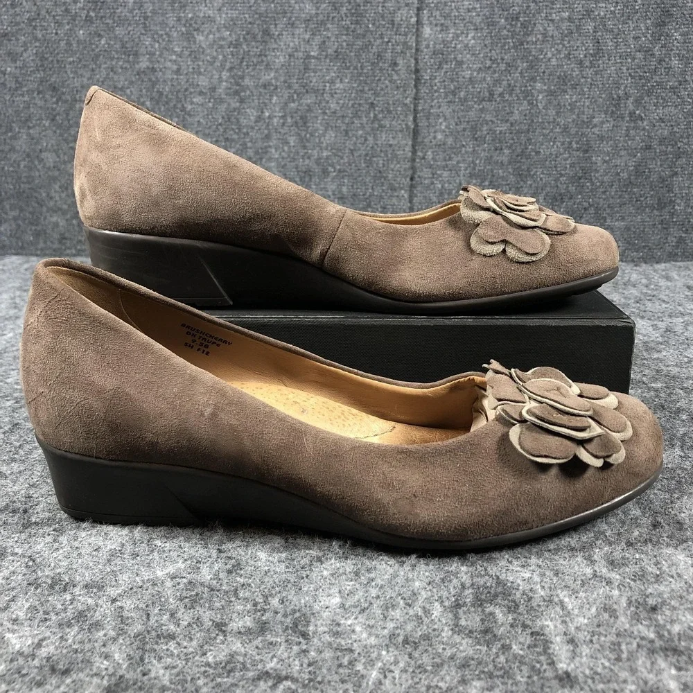 Earth Brushcherry Shoes Womens Size 9.5B Dark Taupe Leather Flower Wedge Comfort